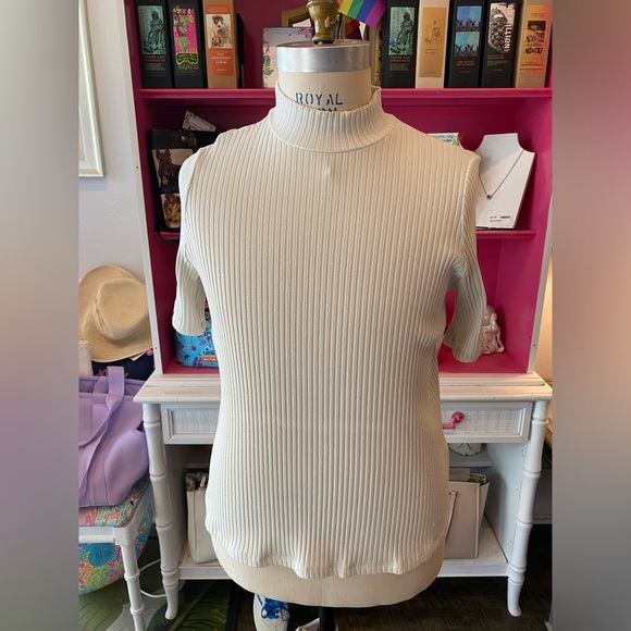 Eileen Fisher beige ribbed mock t-neck size L - Picture 1 of 4
